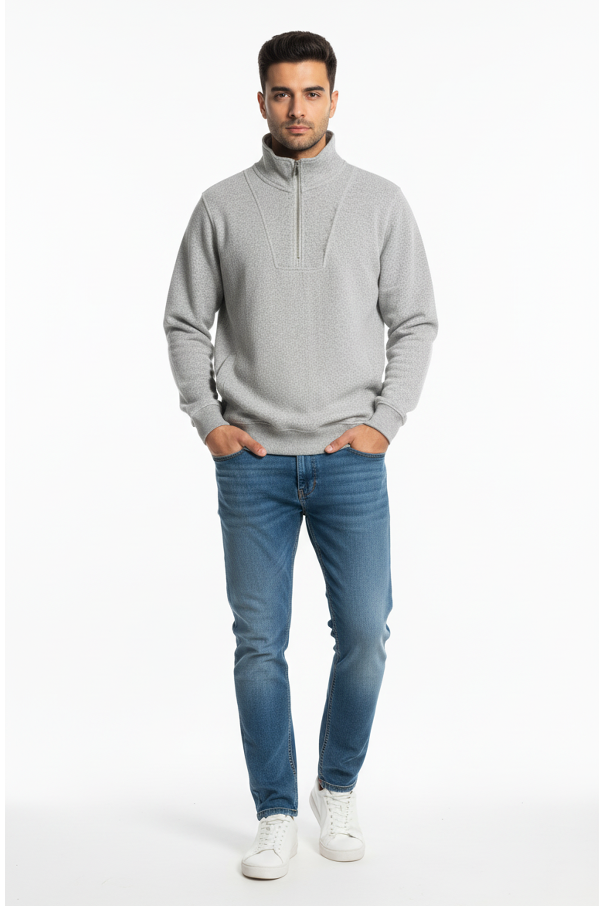 Mock Neck Sweat with Zip (Light Grey)