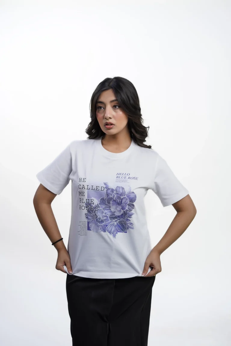 Blue rose-women-t-shirt-put-on-2