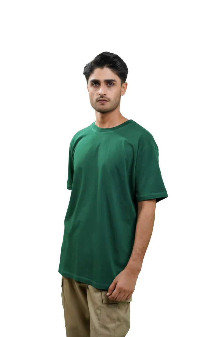 plain-emerald-green-relaxed-fit-men-t-shirt-put-on-2