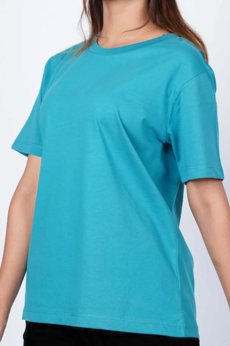 plain-teal-regular-fit-t-shirt-woman-put-on-2